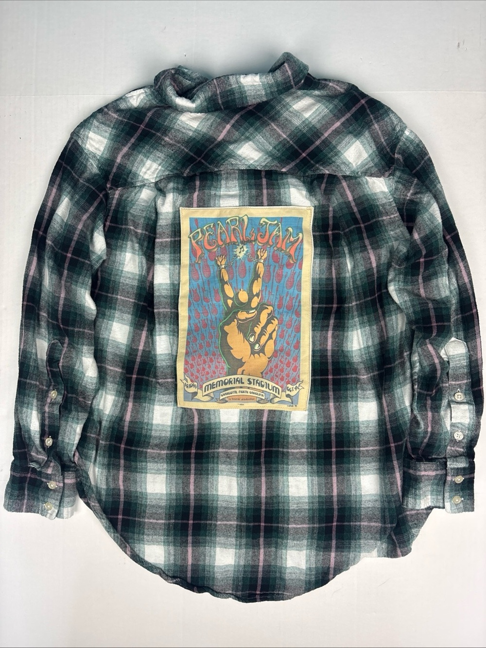 Upcycled Pearl Jam Women 0X Shirt Plaid Soft Flannel Rock Roll 90s Grunge Peace